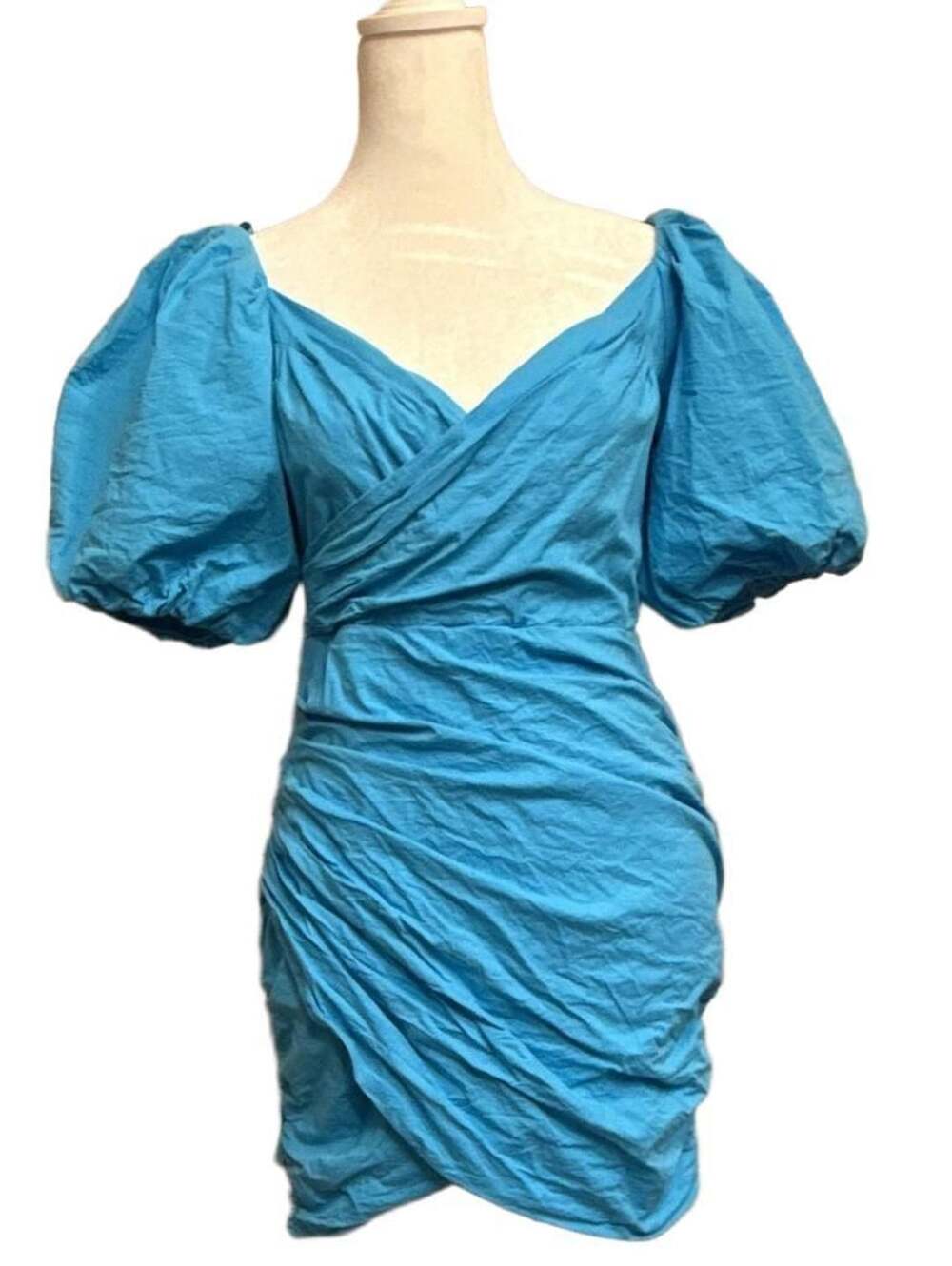 Vestique Blue Puff Sleeve Ruched Mini Dress